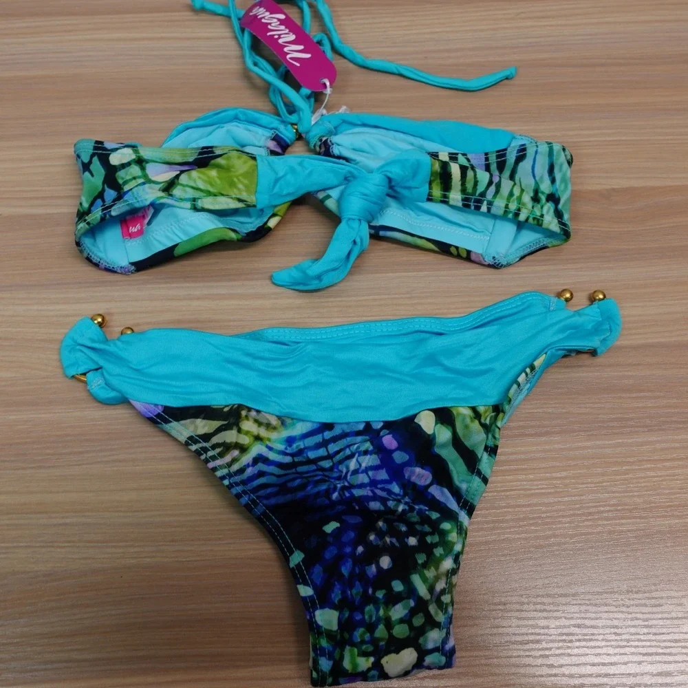 Blue Bikini Set Women S MILAGUA Halter Bandeau Gold Ring Sexy Cheeky Latina NEWS